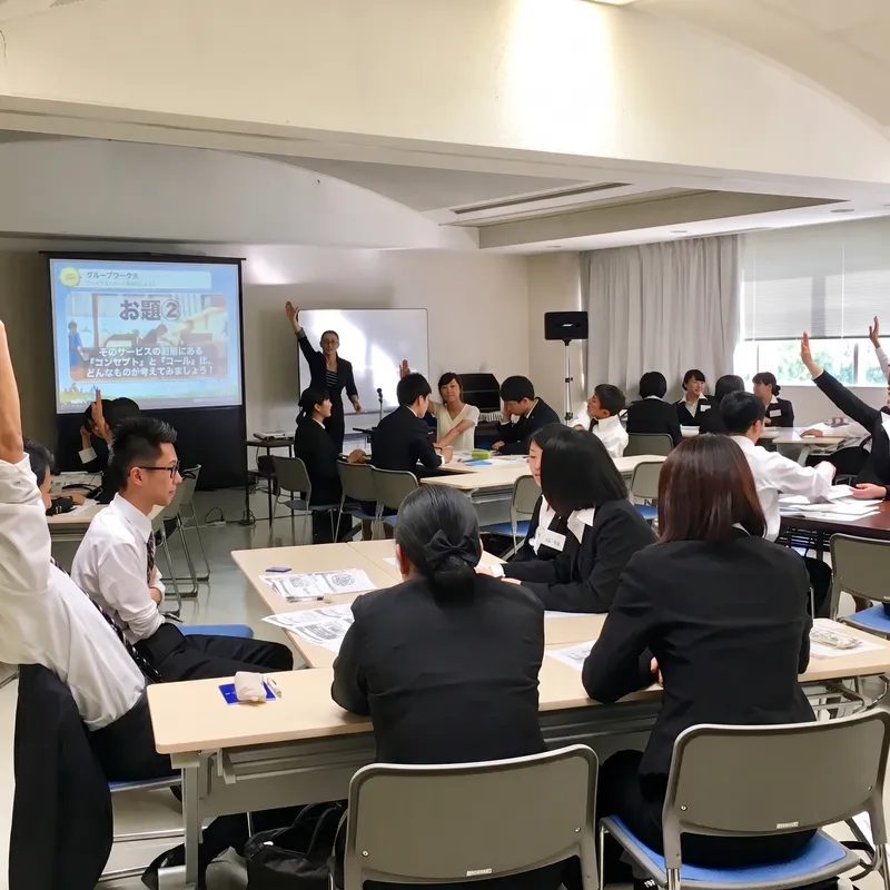 グループワークでいっせいに手が挙がる研修会場